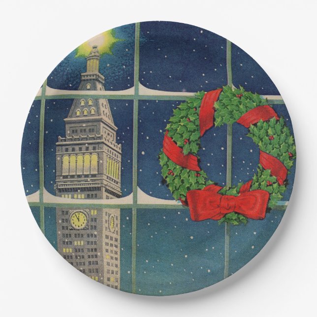 1950s Christmas in the city Paper Plates (Front)