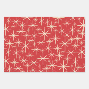 1950s Christmas Patterns in Retro Red Green Cream Wrapping Paper Sheets