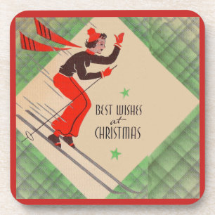 1950s Christmas skier Beverage Coaster