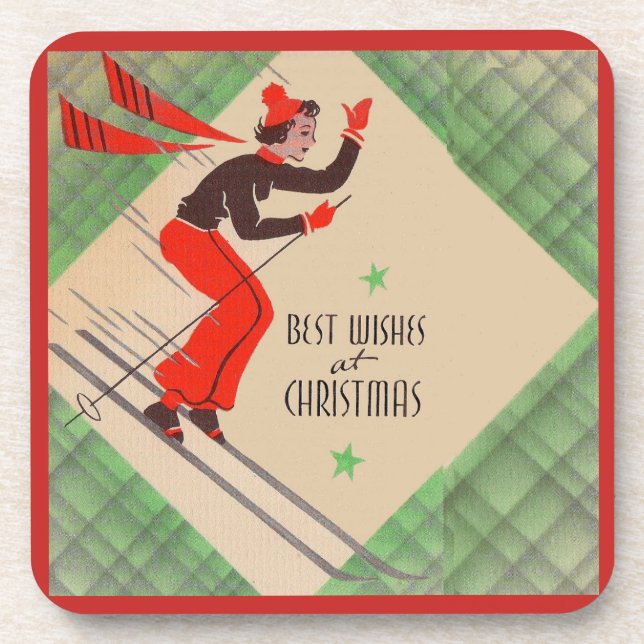 1950s Christmas skier Beverage Coaster (Front)