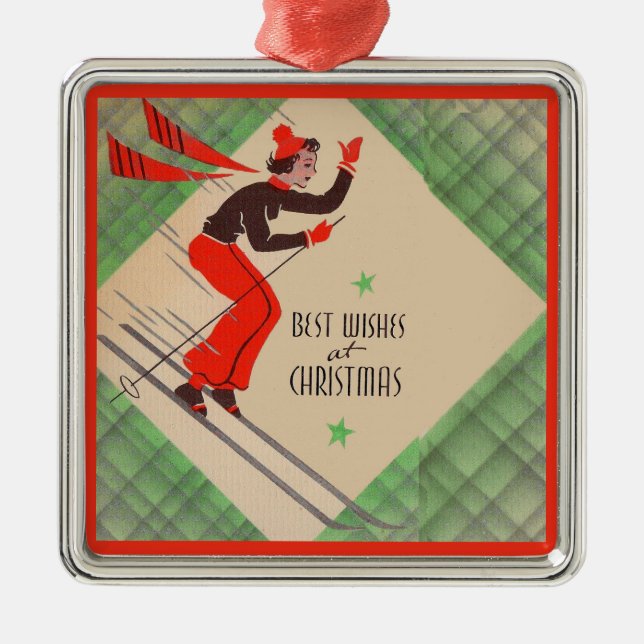 1950s Christmas skier Metal Ornament (Front)