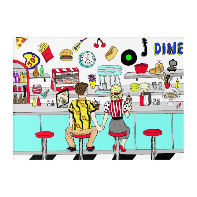 1950's Couple Holding Hands at  Diner    Acrylic Print (Front)