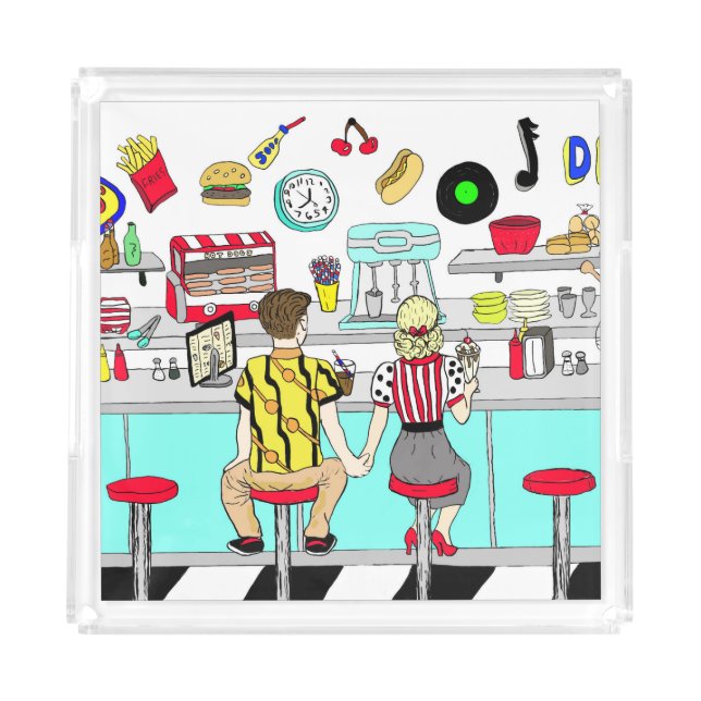 1950's Couple Holding Hands at  Diner   Acrylic Tray (Front)