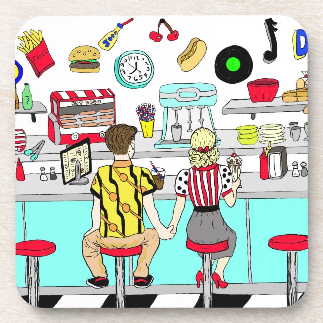 1950's Couple Holding Hands at  Diner    Beverage Coaster (Front)