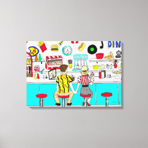 1950's Couple Holding Hands at  Diner  Canvas Print