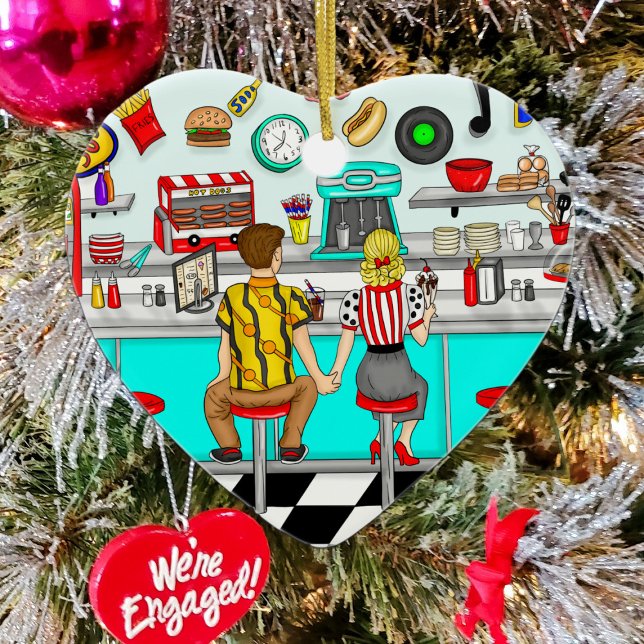 1950's Couple Holding Hands at Diner Christmas Ceramic Ornament (Creator Uploaded)