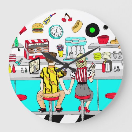 1950s Couple Holding Hands at  Diner    Large Clock