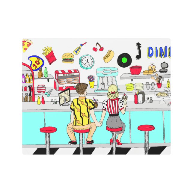 1950's Couple Holding Hands at  Diner  Metal Print (Front)