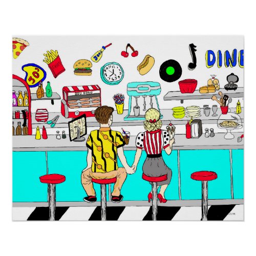 1950s Couple Holding Hands at  Diner  Poster