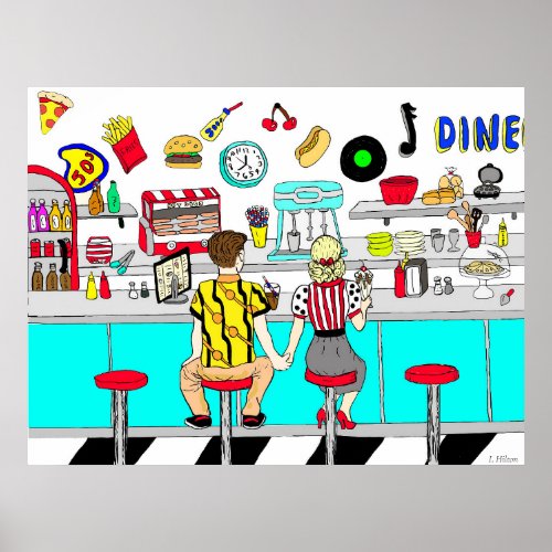 1950s Couple Holding Hands at  Diner Poster