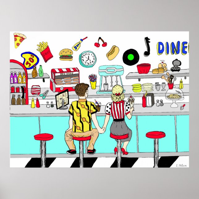 1950's Couple Holding Hands at  Diner Poster (Front)