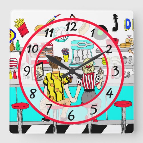 1950s Couple Holding Hands at  Diner  Square Wall Clock