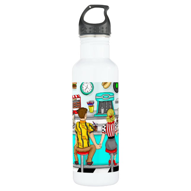 1950's Couple Holding Hands at Diner Stainless Steel Water Bottle (Front)