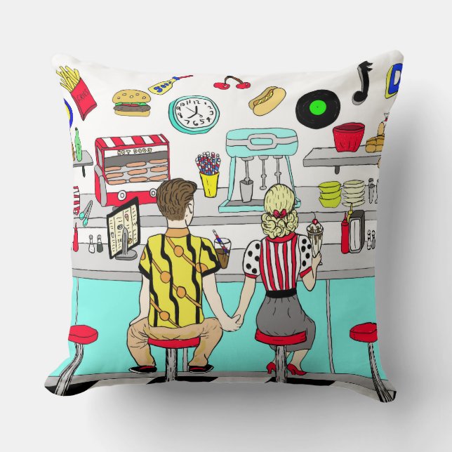 1950's Couple Holding Hands at  Diner   Throw Pill Throw Pillow (Front)