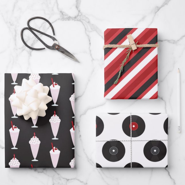 1950s Diner Black Red Trio Wrapping Paper Sheets (Front)