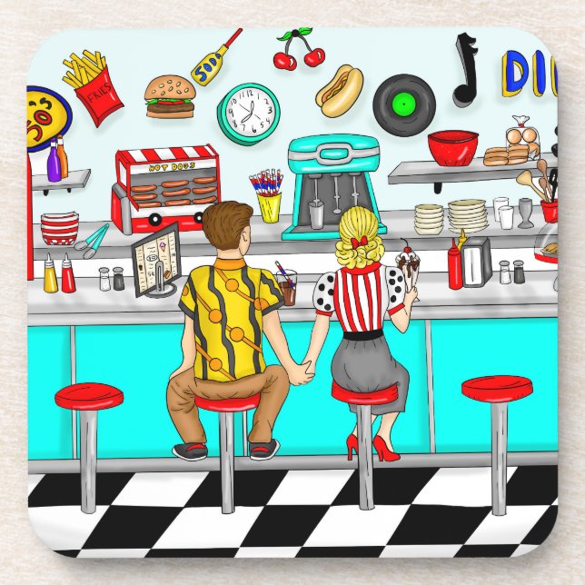 1950's Diner | Couple Holding Hands   Beverage Coaster (Front)