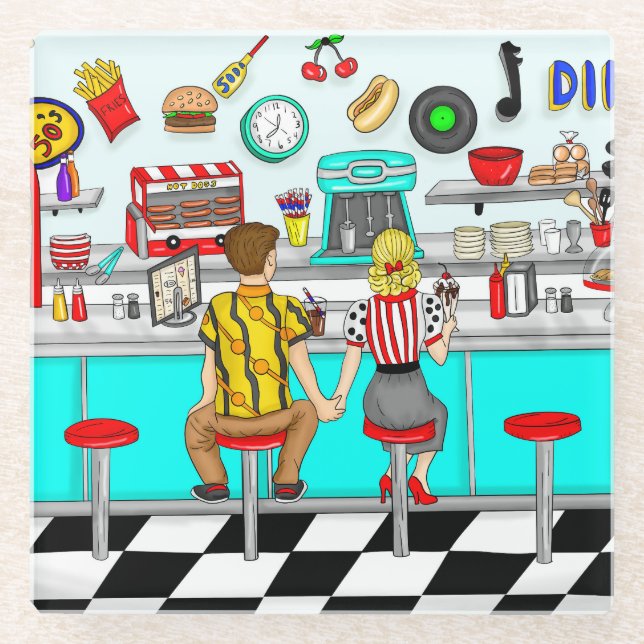1950's Diner | Couple Holding Hands   Glass Coaster (Front)