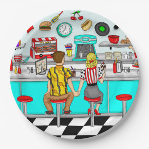 1950's Diner Couple Holding Hands Paper Plates