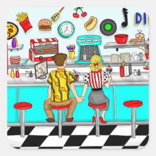 1950's Diner Couple Holding Hands Square Sticker