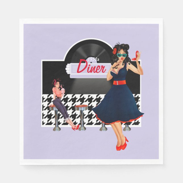 1950s Diner lavender black & white checkered 1950s Napkins (Front)