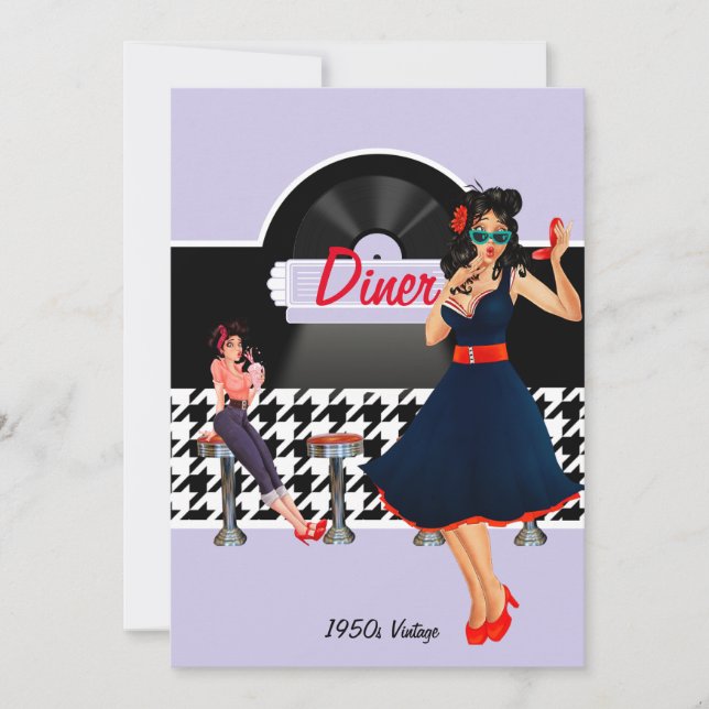 1950s Diner lavender black & white checkered Invitation (Front)