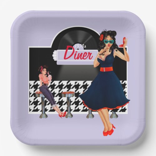 1950s Diner lavender black  white checkered Paper Plates