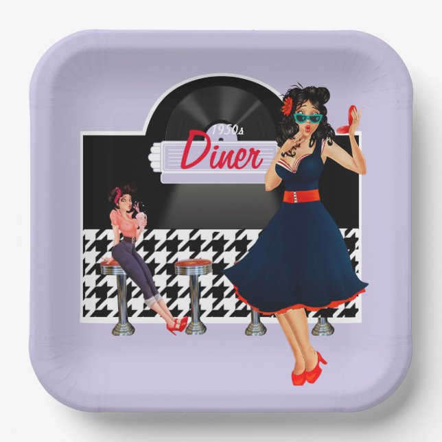 1950s Diner lavender black & white checkered Paper Plates (Front)