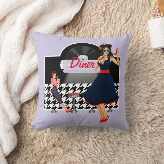 1950s Diner lavender black & white checkered Throw Pillow (Blanket)