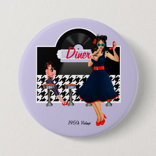 1950s Diner lavender black & white retro checkered Button