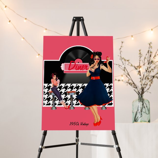 1950s Diner pink, black & white checkered retro Foam Board (In Situ (Stand))