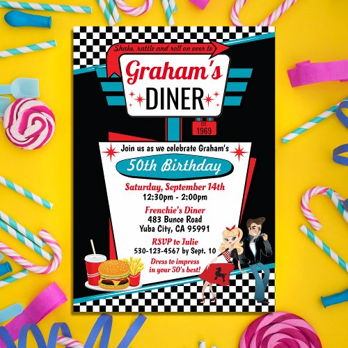 1950s Diner Retro Birthday Party Sock Hop Design Invitation