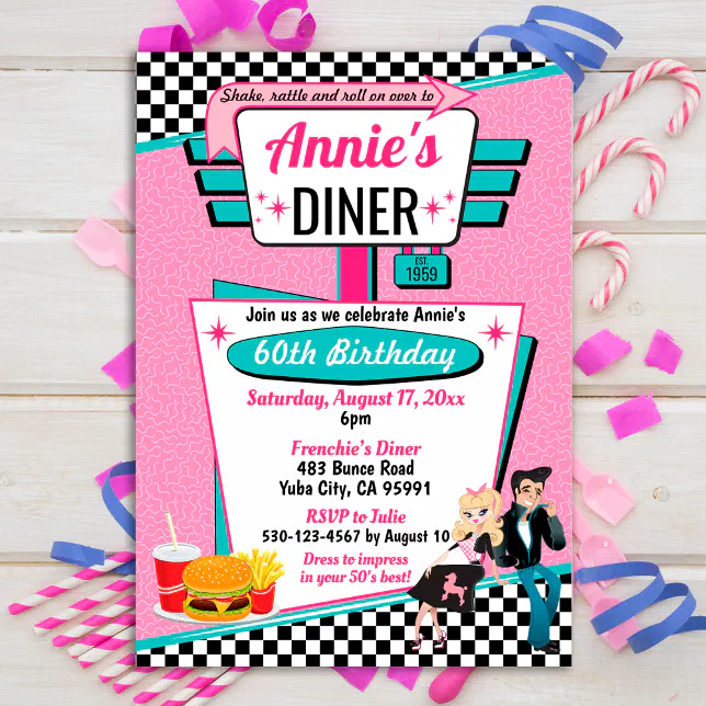 1950's Diner Retro Birthday Party Sock Hop Design Invitation