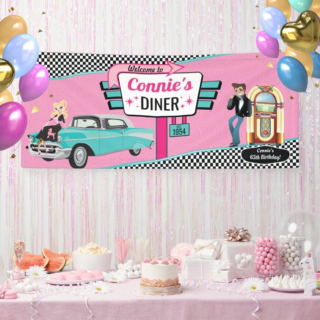 1950's Diner Retro Car Birthday Party Sock Hop Ban Banner (Diner Birthday Banner)