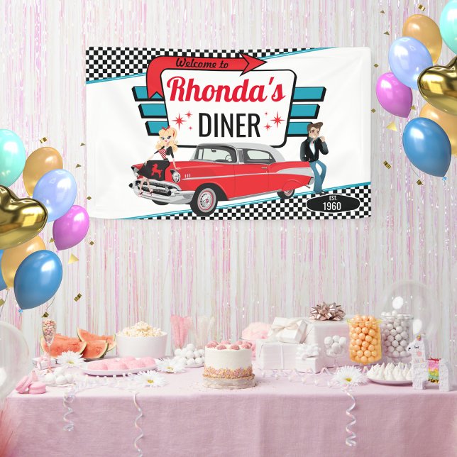 1950's Diner Retro Car Birthday Party Sock Hop Banner (Diner Birthday Banner)