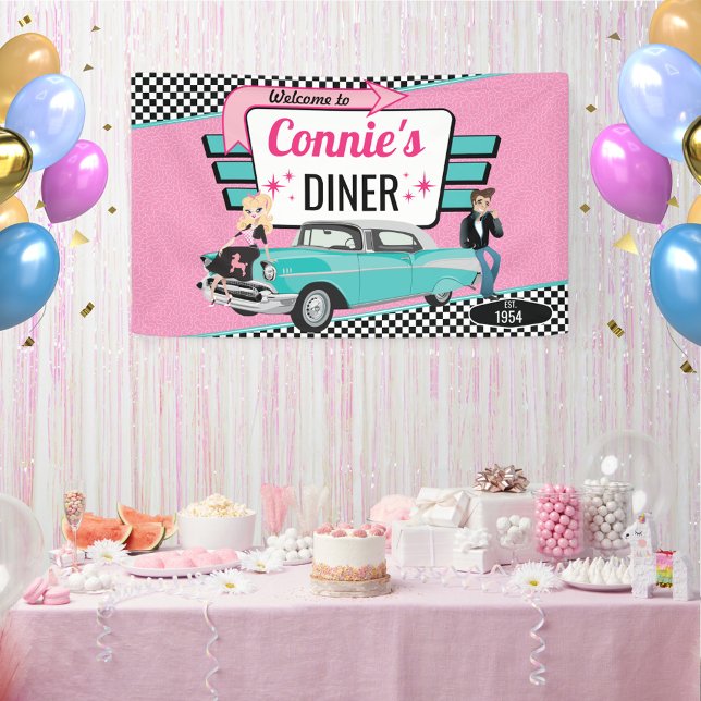 1950's Diner Retro Car Birthday Party Sock Hop Banner (Birthday Diner Banner)