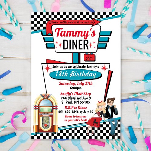 1950s Diner Retro Sock Hop Grease Party Invitation