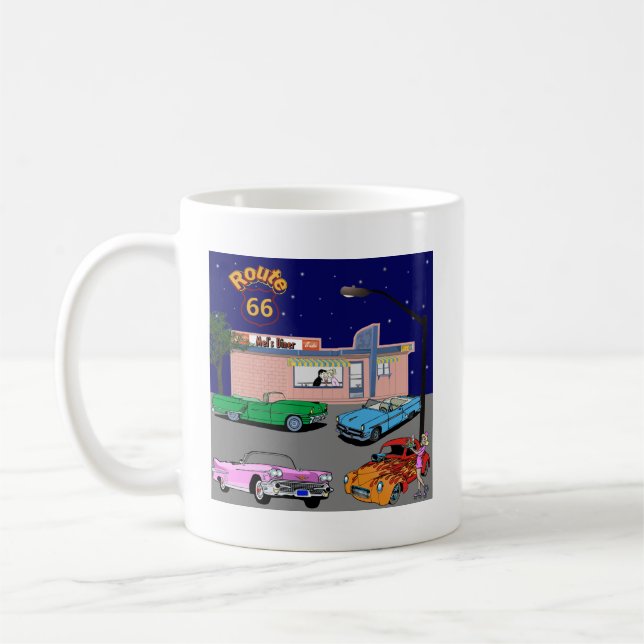 1950s Diner Route 66 and Vintage Cars Coffee Mug (Left)
