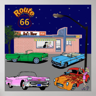 1950s Diner Route 66 and Vintage Cars Poster