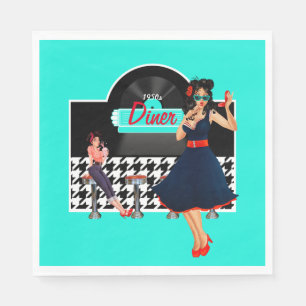 1950s Diner teal black & white checkered retro Napkins