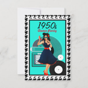 1950s Diner teal black & white checkered retro RSVP Card