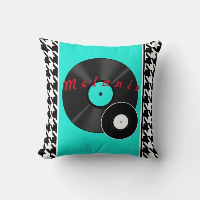 1950s Diner teal black & white checkered retro Throw Pillow (Front)