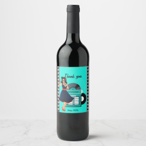 1950s Diner teal black  white checkered retro Wine Label