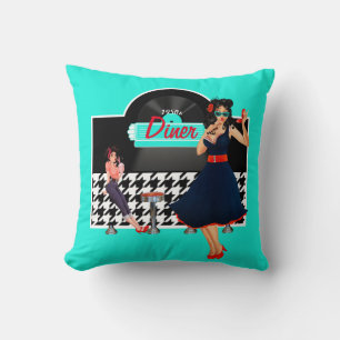 1950s Diner teal black & white checkered Throw Pillow