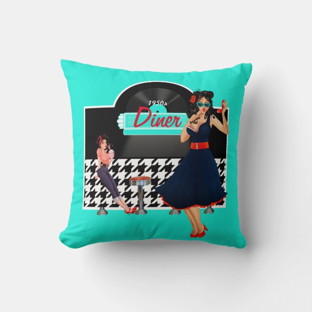 1950s Diner teal black & white checkered Throw Pillow (Front)