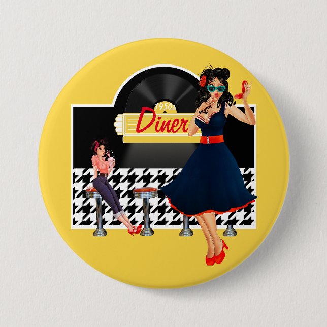 1950s Diner yellow black & white checkered Button (Front)