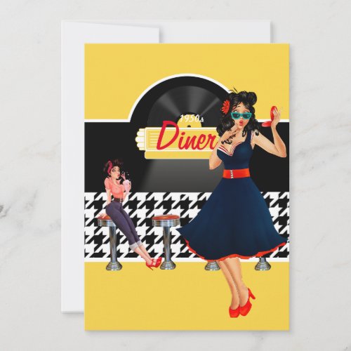 1950s Diner yellow black  white checkered Invitation