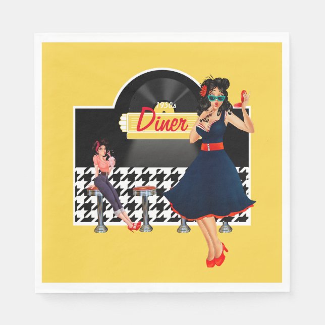 1950s Diner yellow black & white checkered Napkins (Front)