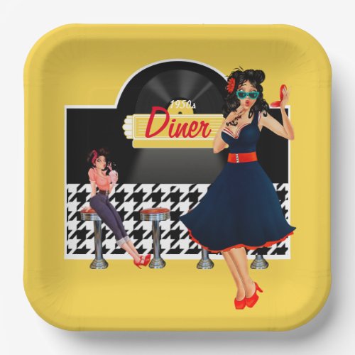 1950s Diner yellow black  white checkered Paper Plates