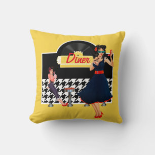 1950s Diner yellow black & white checkered Throw Pillow