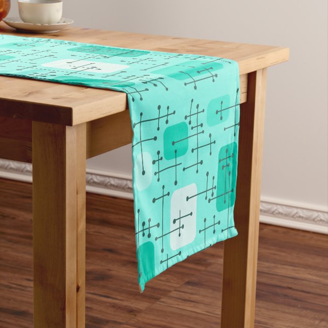 1950s Eames Era Art Crosshairs Turquoise Short Table Runner (In Situ)